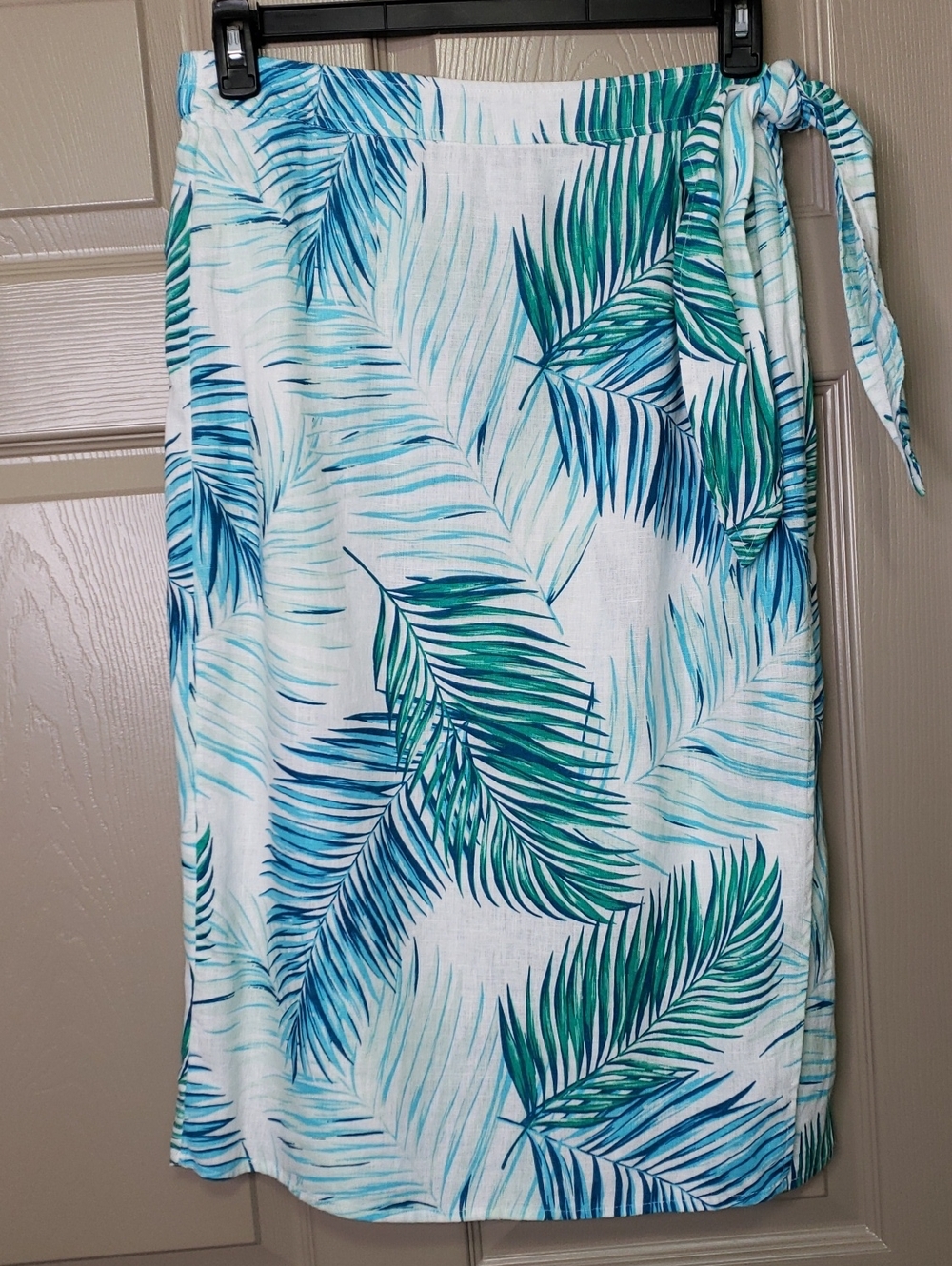 Tahari 100% Linen Blue & Green Palm-Print Midi Faux Wrap Skirt Size Large